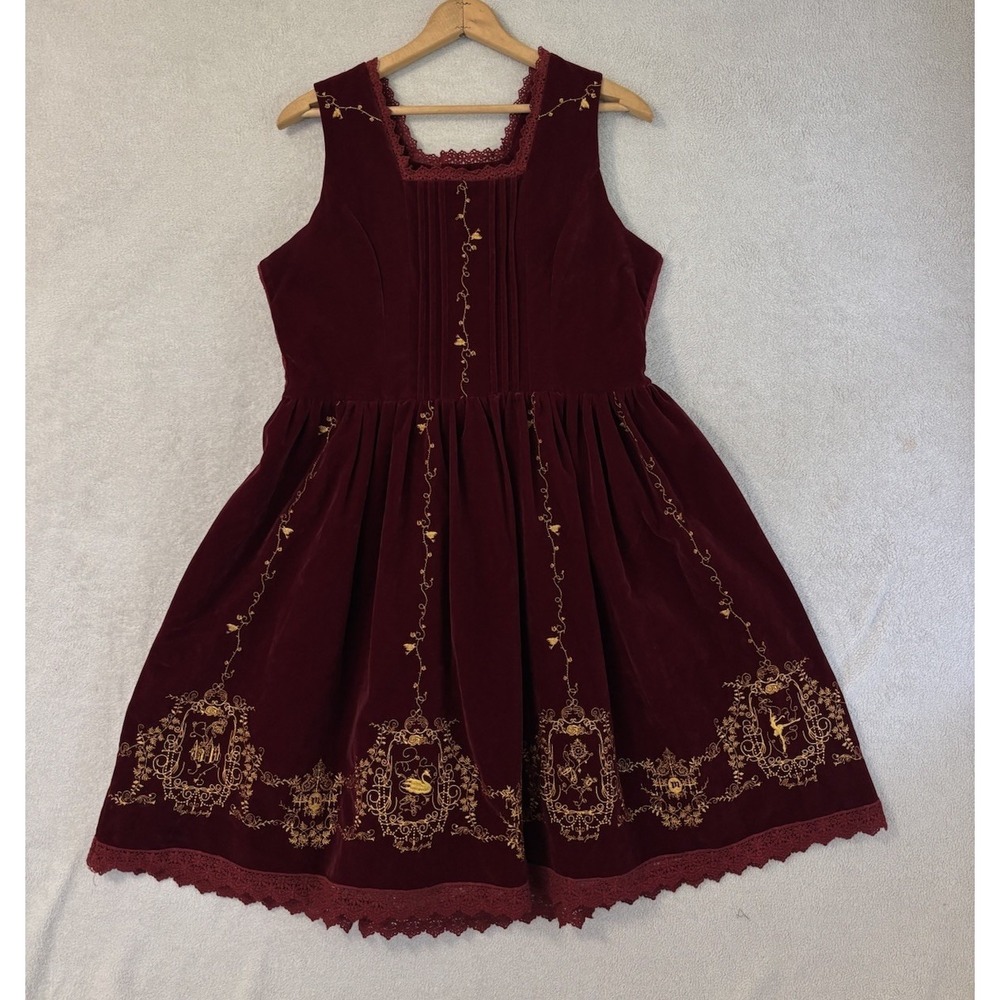 Lolita JSK Burgundy Velvet Swan Lake Winter Solo Embroidered Dress XL KFA 0803
